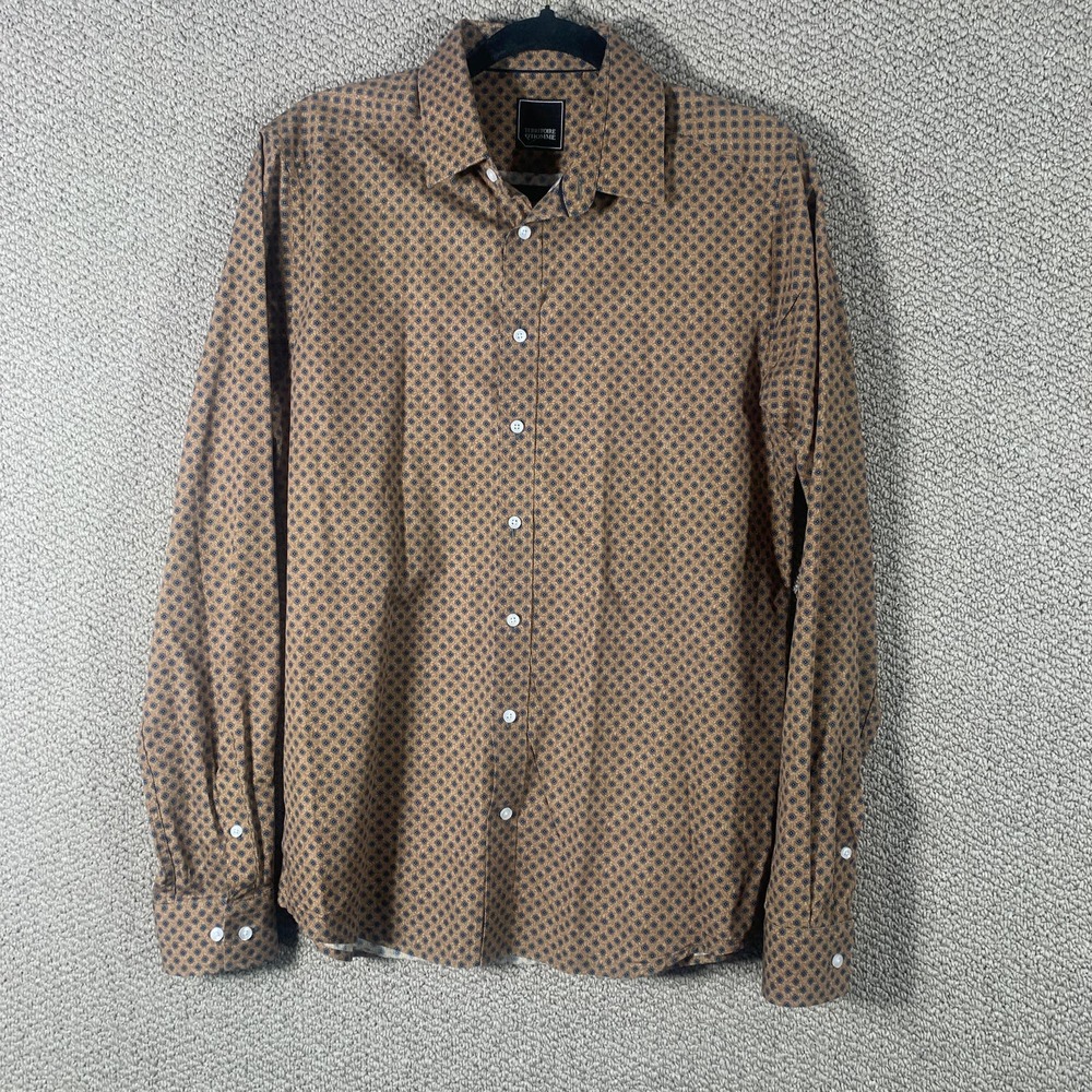 Territoire D'Homme‎ Mens Shirt Size 3 Brown Tile Print Button Up Long Sleeves